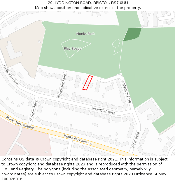 29, LYDDINGTON ROAD, BRISTOL, BS7 0UU: Location map and indicative extent of plot