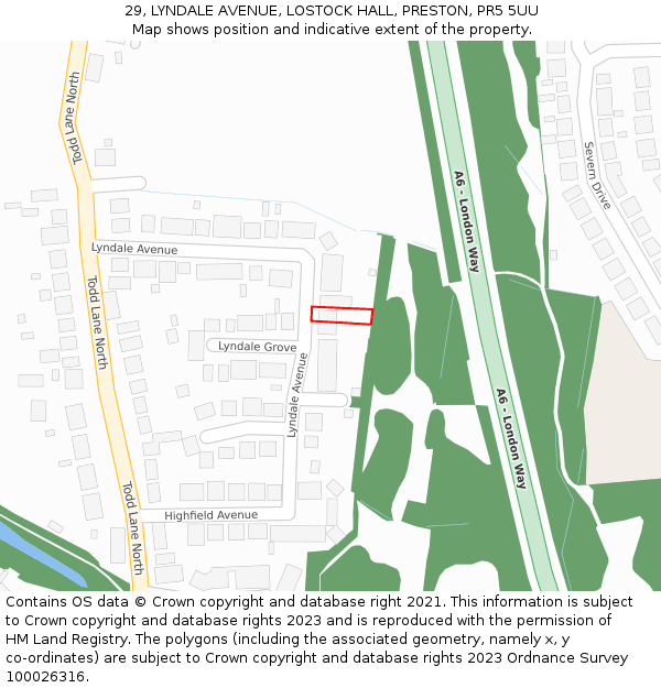 29, LYNDALE AVENUE, LOSTOCK HALL, PRESTON, PR5 5UU: Location map and indicative extent of plot