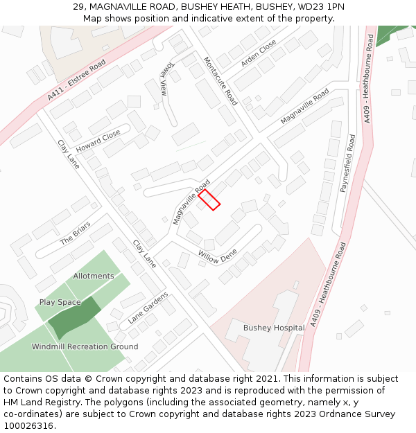 29, MAGNAVILLE ROAD, BUSHEY HEATH, BUSHEY, WD23 1PN: Location map and indicative extent of plot