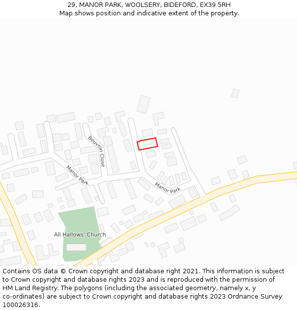 29, MANOR PARK, WOOLSERY, BIDEFORD, EX39 5RH: Location map and indicative extent of plot