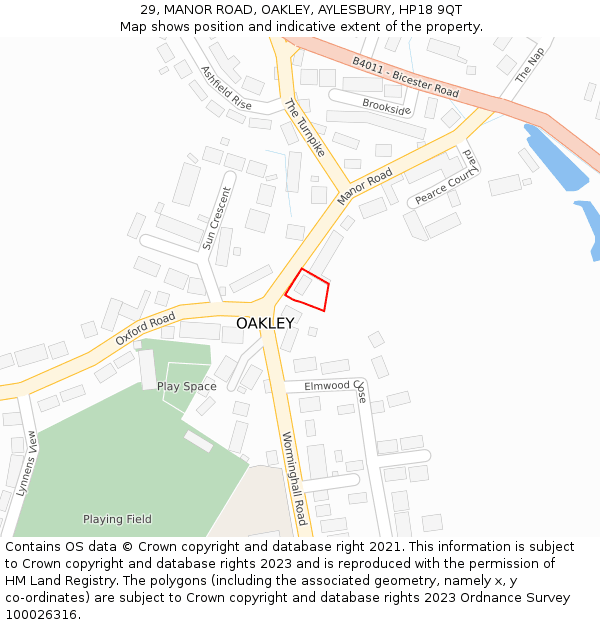 29, MANOR ROAD, OAKLEY, AYLESBURY, HP18 9QT: Location map and indicative extent of plot