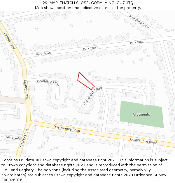 29, MAPLEHATCH CLOSE, GODALMING, GU7 1TQ: Location map and indicative extent of plot