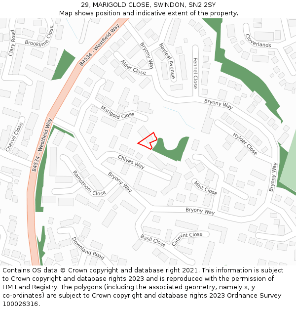 29, MARIGOLD CLOSE, SWINDON, SN2 2SY: Location map and indicative extent of plot