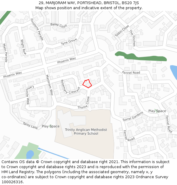 29, MARJORAM WAY, PORTISHEAD, BRISTOL, BS20 7JS: Location map and indicative extent of plot