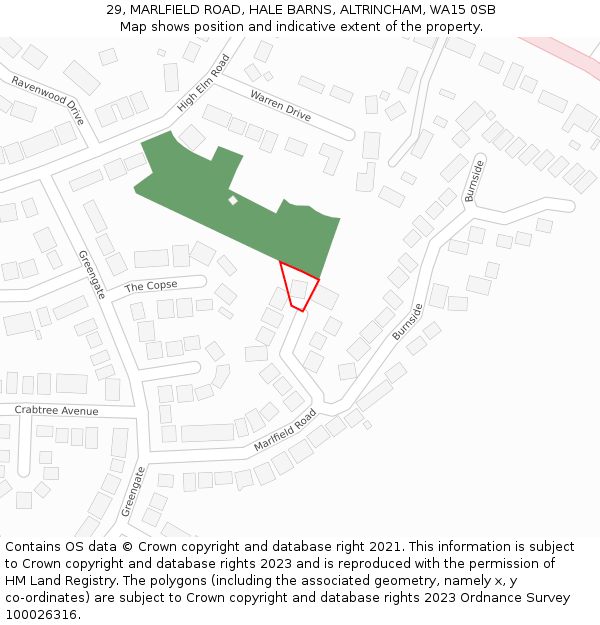 29, MARLFIELD ROAD, HALE BARNS, ALTRINCHAM, WA15 0SB: Location map and indicative extent of plot