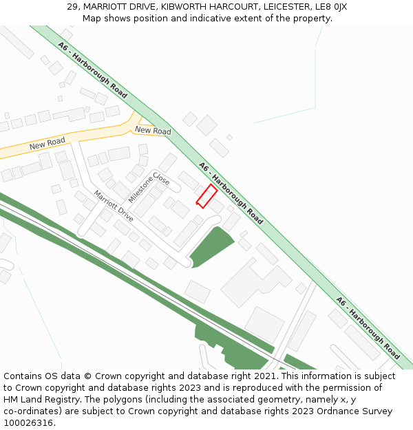 29, MARRIOTT DRIVE, KIBWORTH HARCOURT, LEICESTER, LE8 0JX: Location map and indicative extent of plot