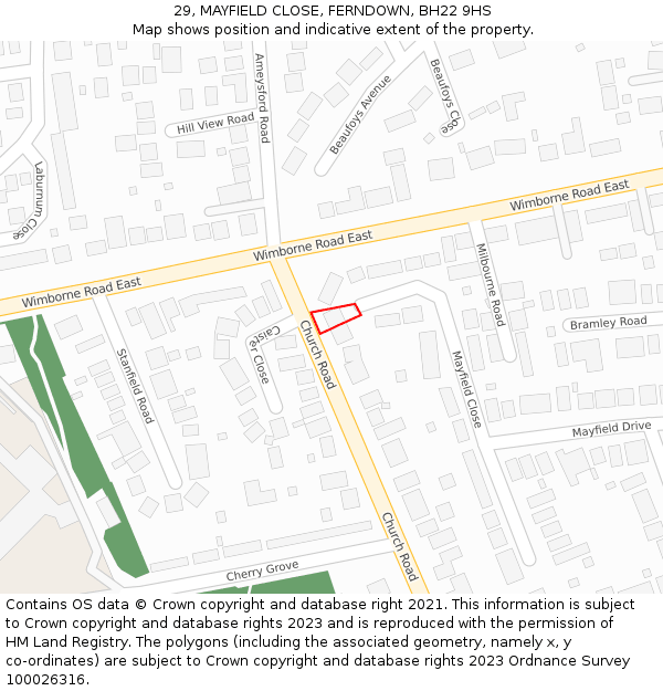 29, MAYFIELD CLOSE, FERNDOWN, BH22 9HS: Location map and indicative extent of plot