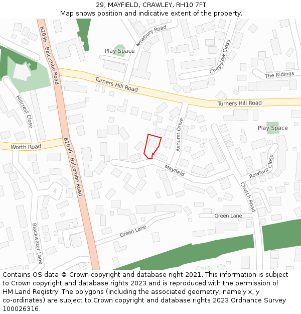 29, MAYFIELD, CRAWLEY, RH10 7FT: Location map and indicative extent of plot