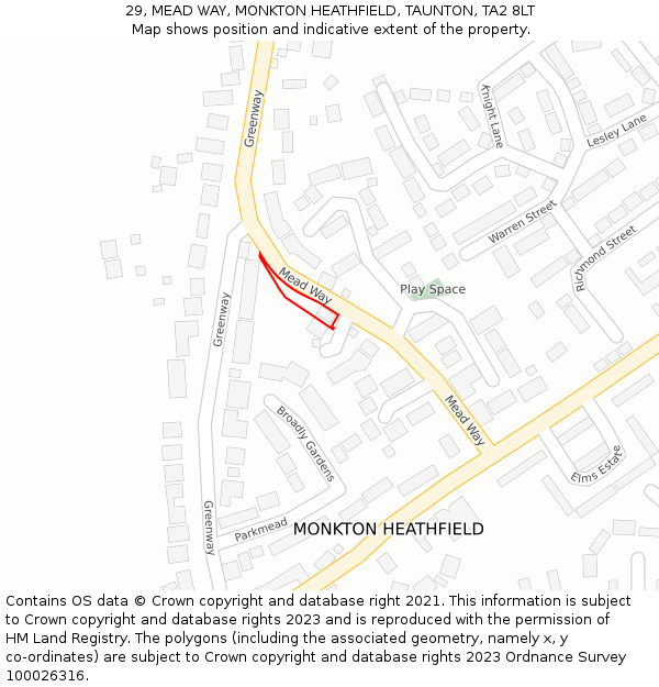 29, MEAD WAY, MONKTON HEATHFIELD, TAUNTON, TA2 8LT: Location map and indicative extent of plot