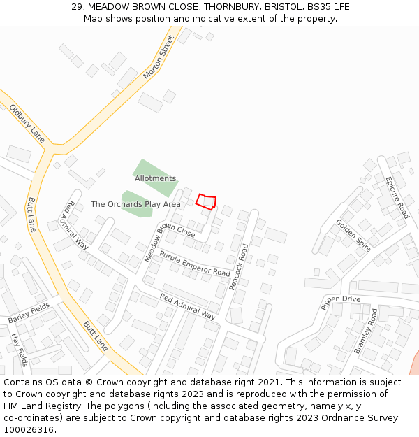 29, MEADOW BROWN CLOSE, THORNBURY, BRISTOL, BS35 1FE: Location map and indicative extent of plot