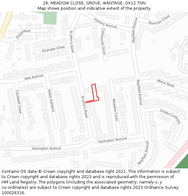 29, MEADOW CLOSE, GROVE, WANTAGE, OX12 7NN: Location map and indicative extent of plot