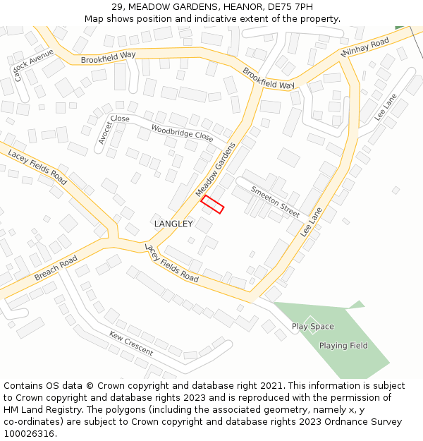 29, MEADOW GARDENS, HEANOR, DE75 7PH: Location map and indicative extent of plot