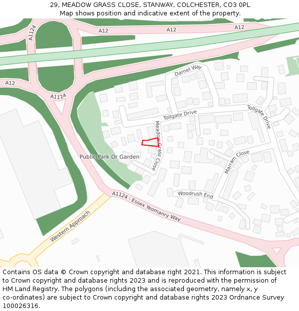 29, MEADOW GRASS CLOSE, STANWAY, COLCHESTER, CO3 0PL: Location map and indicative extent of plot