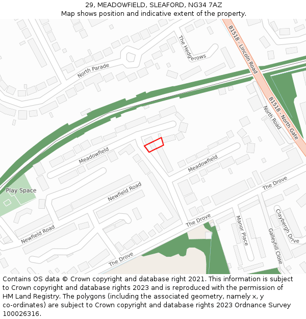 29, MEADOWFIELD, SLEAFORD, NG34 7AZ: Location map and indicative extent of plot