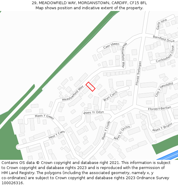 29, MEADOWFIELD WAY, MORGANSTOWN, CARDIFF, CF15 8FL: Location map and indicative extent of plot