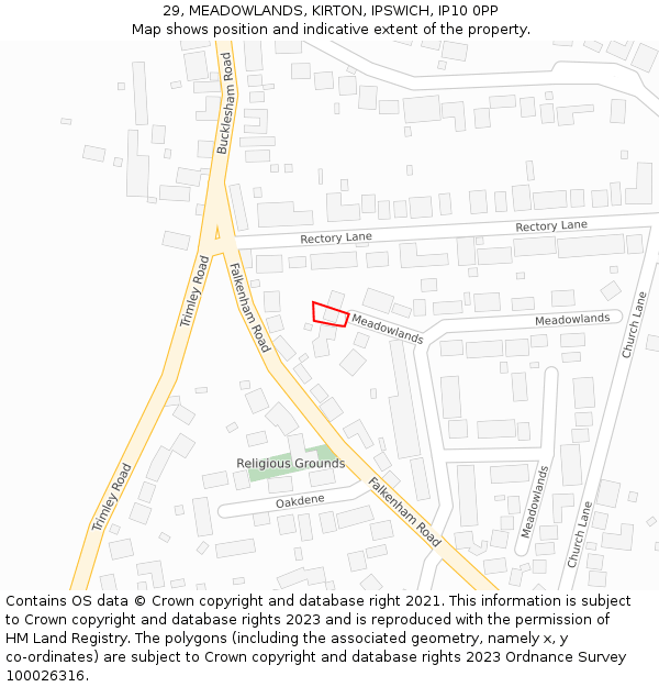 29, MEADOWLANDS, KIRTON, IPSWICH, IP10 0PP: Location map and indicative extent of plot