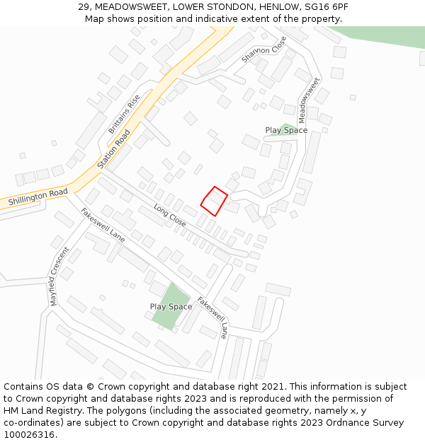 29, MEADOWSWEET, LOWER STONDON, HENLOW, SG16 6PF: Location map and indicative extent of plot