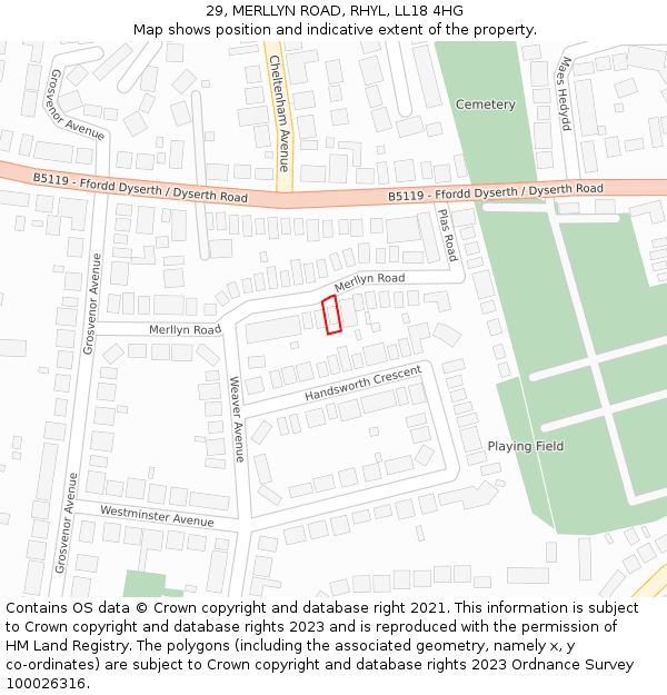 29, MERLLYN ROAD, RHYL, LL18 4HG: Location map and indicative extent of plot