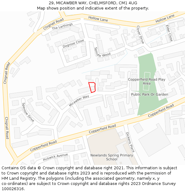 29, MICAWBER WAY, CHELMSFORD, CM1 4UG: Location map and indicative extent of plot