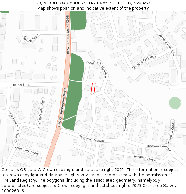 29, MIDDLE OX GARDENS, HALFWAY, SHEFFIELD, S20 4SR: Location map and indicative extent of plot