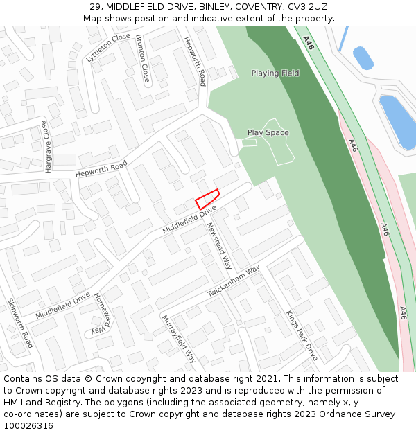 29, MIDDLEFIELD DRIVE, BINLEY, COVENTRY, CV3 2UZ: Location map and indicative extent of plot
