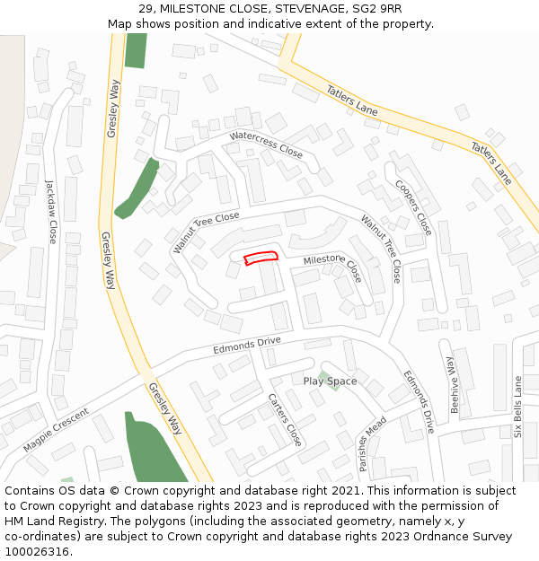 29, MILESTONE CLOSE, STEVENAGE, SG2 9RR: Location map and indicative extent of plot