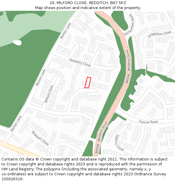 29, MILFORD CLOSE, REDDITCH, B97 5PZ: Location map and indicative extent of plot