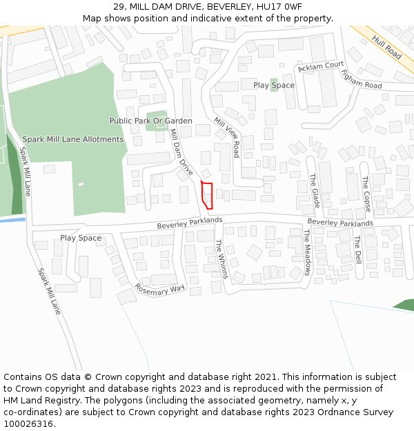 29, MILL DAM DRIVE, BEVERLEY, HU17 0WF: Location map and indicative extent of plot