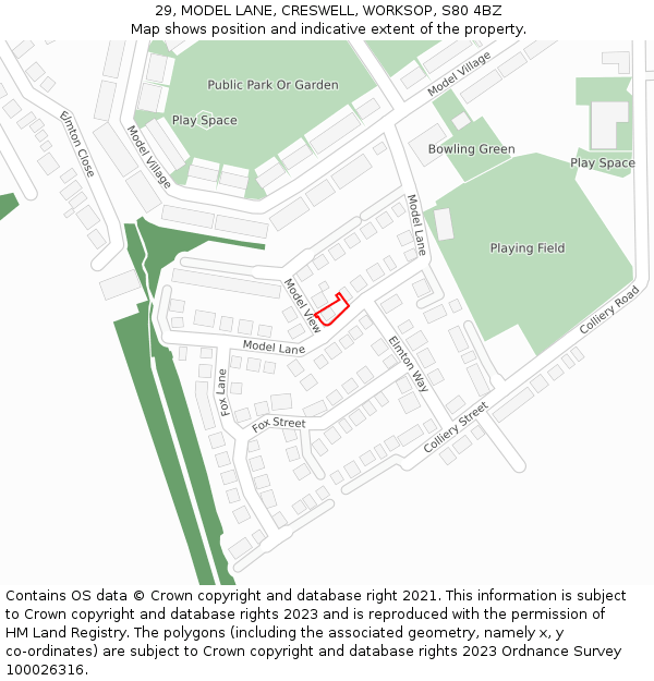 29, MODEL LANE, CRESWELL, WORKSOP, S80 4BZ: Location map and indicative extent of plot