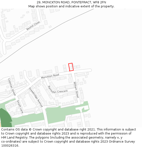 29, MONCKTON ROAD, PONTEFRACT, WF8 2FN: Location map and indicative extent of plot