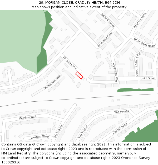 29, MORGAN CLOSE, CRADLEY HEATH, B64 6DH: Location map and indicative extent of plot
