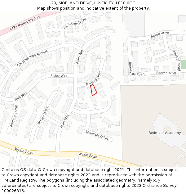 29, MORLAND DRIVE, HINCKLEY, LE10 0GG: Location map and indicative extent of plot