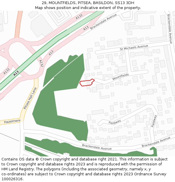 29, MOUNTFIELDS, PITSEA, BASILDON, SS13 3DH: Location map and indicative extent of plot