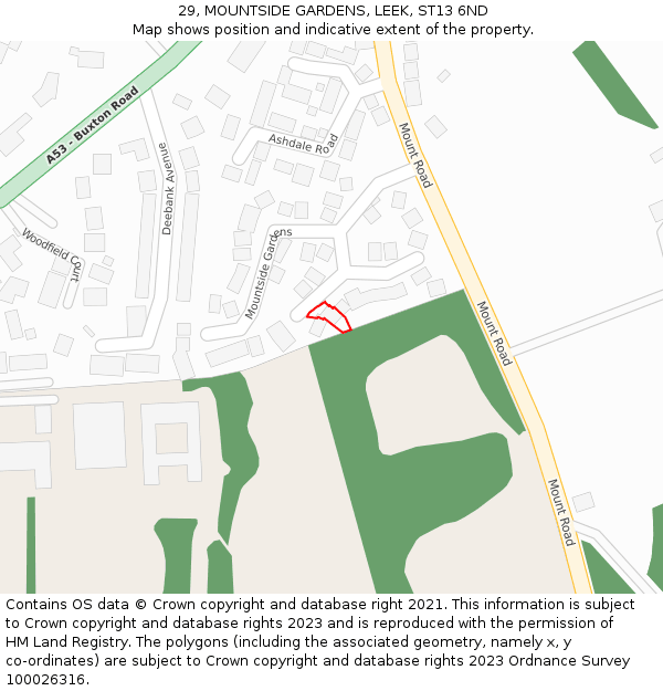 29, MOUNTSIDE GARDENS, LEEK, ST13 6ND: Location map and indicative extent of plot