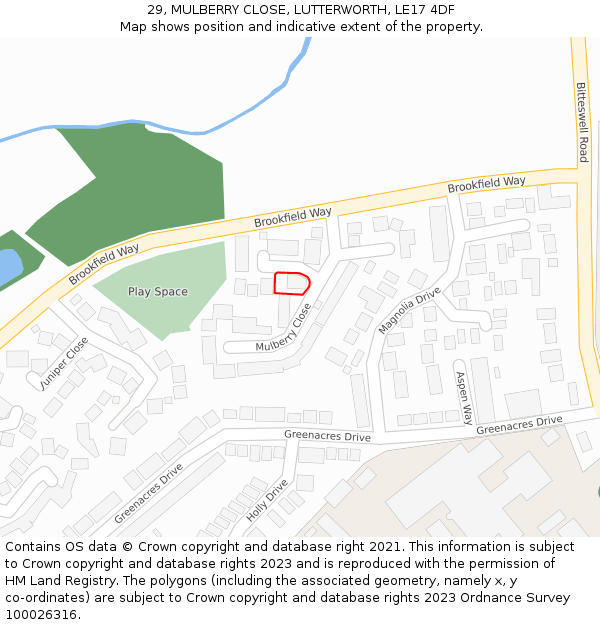 29, MULBERRY CLOSE, LUTTERWORTH, LE17 4DF: Location map and indicative extent of plot