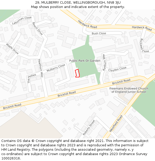 29, MULBERRY CLOSE, WELLINGBOROUGH, NN8 3JU: Location map and indicative extent of plot