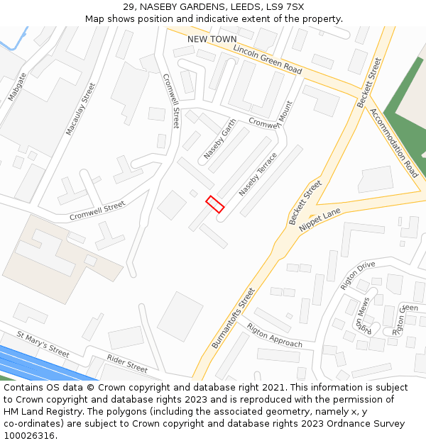 29, NASEBY GARDENS, LEEDS, LS9 7SX: Location map and indicative extent of plot