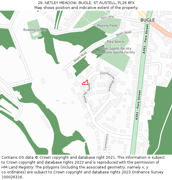 29, NETLEY MEADOW, BUGLE, ST AUSTELL, PL26 8FX: Location map and indicative extent of plot