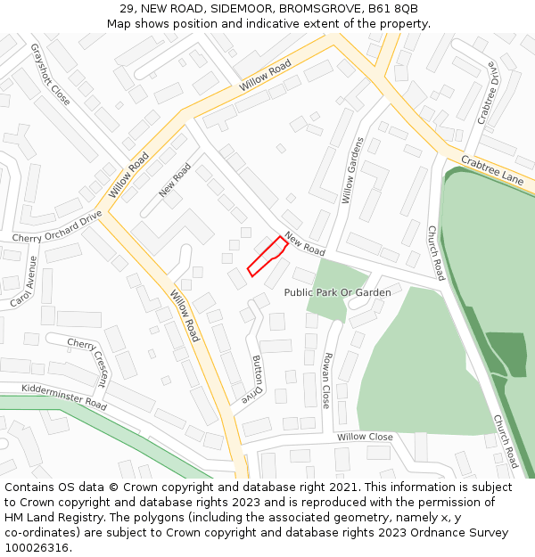 29, NEW ROAD, SIDEMOOR, BROMSGROVE, B61 8QB: Location map and indicative extent of plot