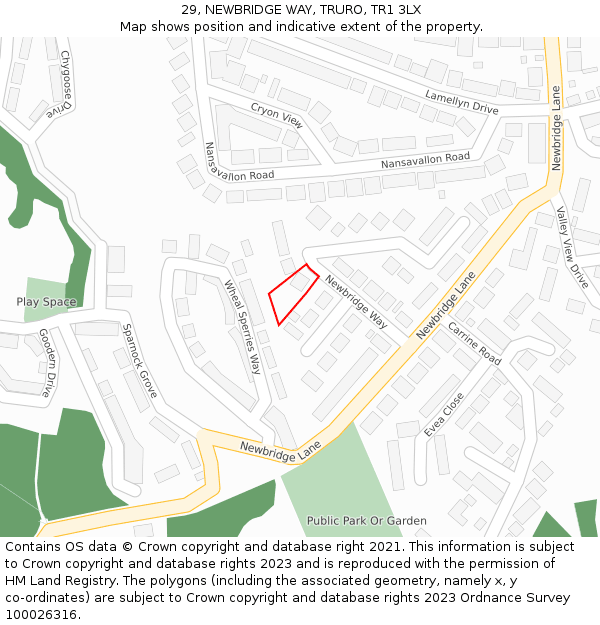 29, NEWBRIDGE WAY, TRURO, TR1 3LX: Location map and indicative extent of plot