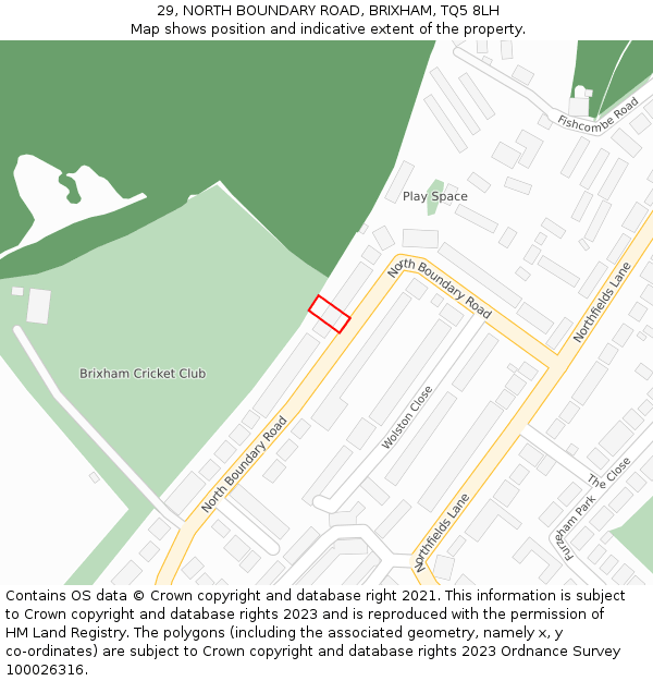 29, NORTH BOUNDARY ROAD, BRIXHAM, TQ5 8LH: Location map and indicative extent of plot