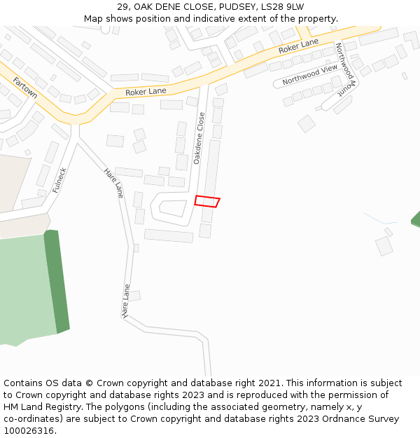 29, OAK DENE CLOSE, PUDSEY, LS28 9LW: Location map and indicative extent of plot