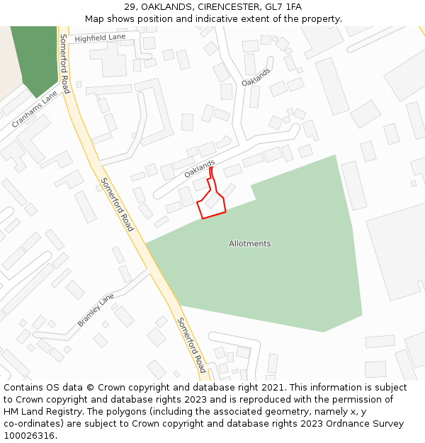 29, OAKLANDS, CIRENCESTER, GL7 1FA: Location map and indicative extent of plot