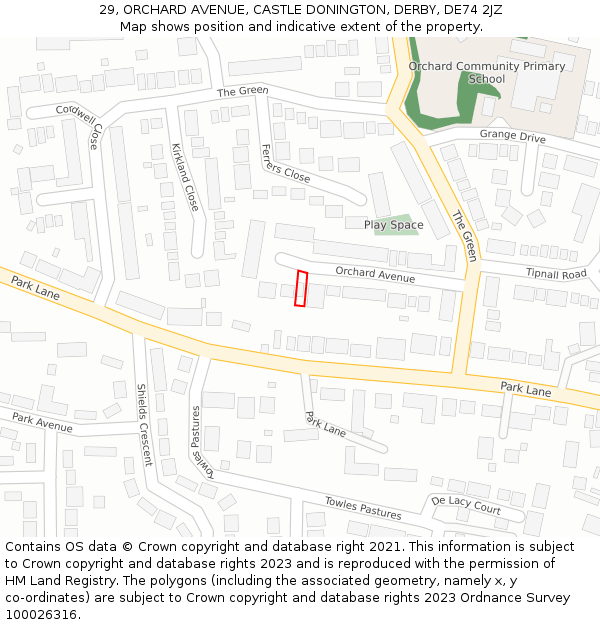 29, ORCHARD AVENUE, CASTLE DONINGTON, DERBY, DE74 2JZ: Location map and indicative extent of plot