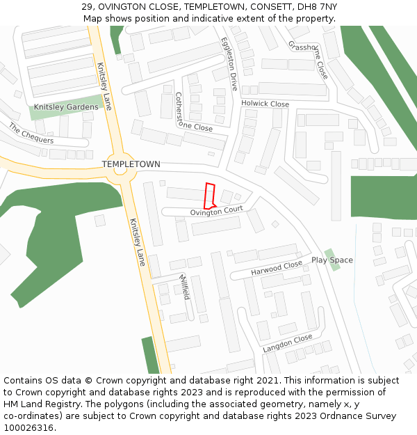 29, OVINGTON CLOSE, TEMPLETOWN, CONSETT, DH8 7NY: Location map and indicative extent of plot