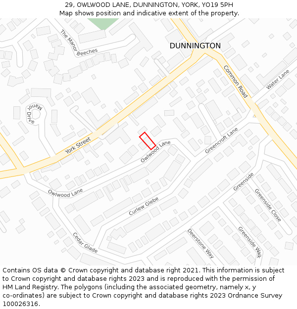 29, OWLWOOD LANE, DUNNINGTON, YORK, YO19 5PH: Location map and indicative extent of plot