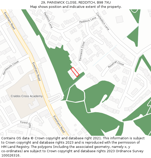 29, PAINSWICK CLOSE, REDDITCH, B98 7XU: Location map and indicative extent of plot