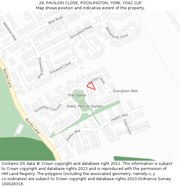 29, PAVILION CLOSE, POCKLINGTON, YORK, YO42 1UP: Location map and indicative extent of plot