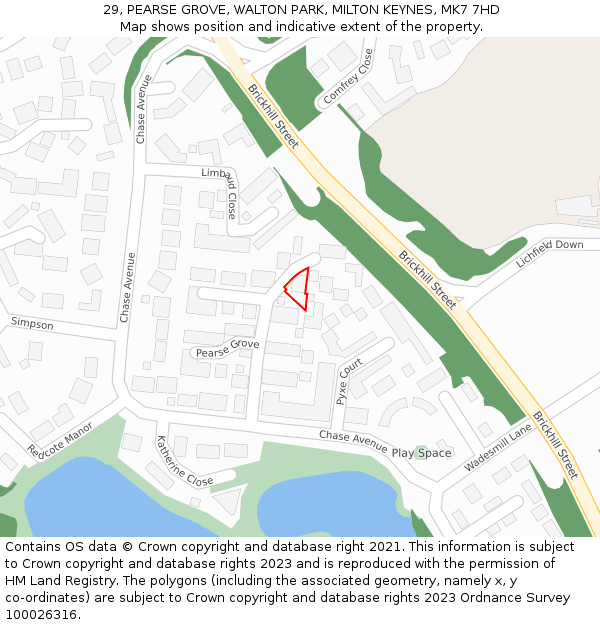 29, PEARSE GROVE, WALTON PARK, MILTON KEYNES, MK7 7HD: Location map and indicative extent of plot