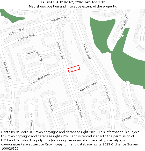 29, PEASLAND ROAD, TORQUAY, TQ2 8NY: Location map and indicative extent of plot